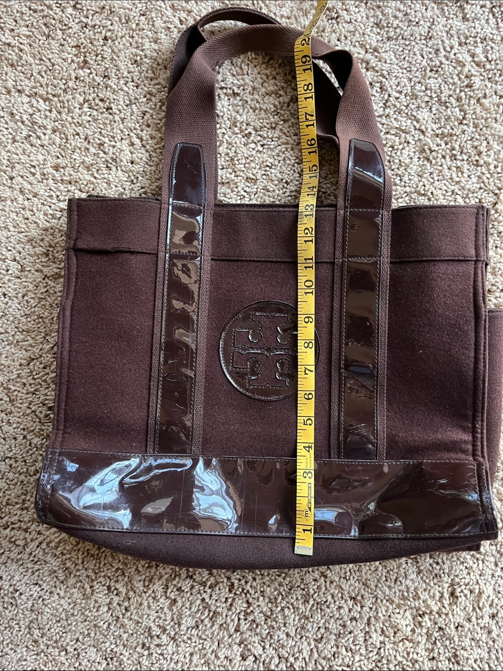 Tory Burch Dark Brown Canvas Tote with Patent Trim